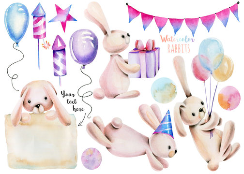Collection, set of watercolor cute festive rabbits and holiday items illustrations, hand drawn isolated on a white background
