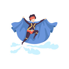 Smiling Boy Wearing Colorful Superhero Costume, Super Child Character in Mask and Blue Cape Flying Vector Illustration