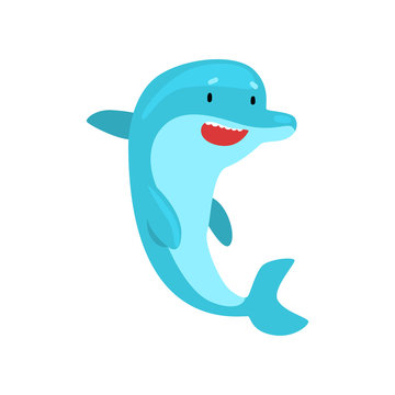 Dolphin Happily Jumping Out of Water, Cartoon Sea Animal Character Vector Illustration