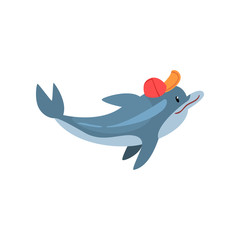 Funny Dolphin Swimming Wearing Baseball Cap, Cartoon Sea Animal Character Vector Illustration
