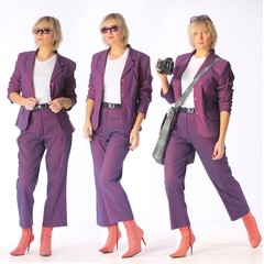 spring outfit, portrait of a modern young blonde woman in a purple lilac pantsuit and boots with heels, shot on a white background
