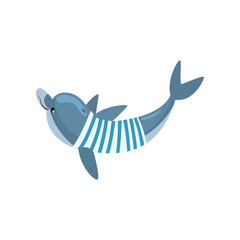 Dolphin Swimming Waring Nautical Frock, Cartoon Sea Animal Character Vector Illustration