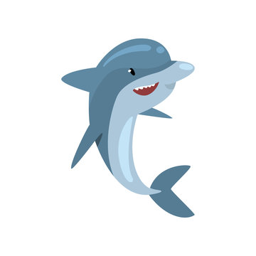 Cute Dolphin Happily Jumping Out of Water, Cartoon Sea Animal Character Vector Illustration