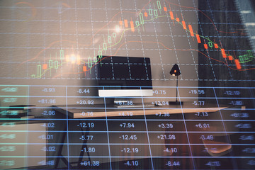 Double exposure of stock market chart and office desktop on background. financial strategy concept. 3d render