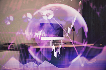 Double exposure of stock market chart and office desktop on background. financial strategy concept. 3d render