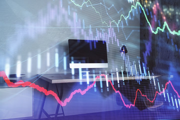 Double exposure of stock market chart and office desktop on background. financial strategy concept. 3d render