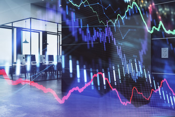 Double exposure of stock market chart and office desktop on background. financial strategy concept. 3d render