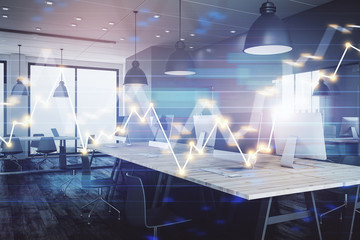 Double exposure of stock market chart and office desktop on background. financial strategy concept. 3d render