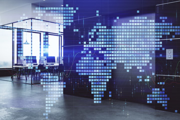 Double exposure of World map polygonal with work space background. Globalization concept. 3d render