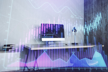 Double exposure of stock market chart and office desktop on background. financial strategy concept. 3d render