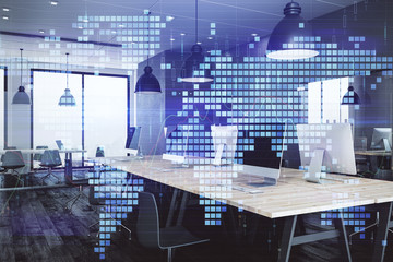 Double exposure of World map polygonal with work space background. Globalization concept. 3d render