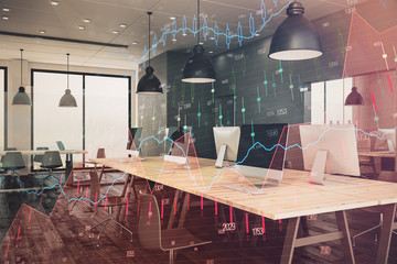 Double exposure of stock market chart and office desktop on background. financial strategy concept. 3d render
