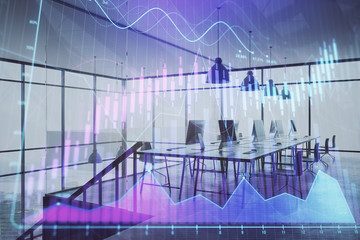 Double exposure of stock market chart and office desktop on background. financial strategy concept. 3d render
