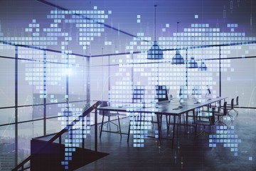 Double exposure of World map polygonal with work space background. Globalization concept. 3d render