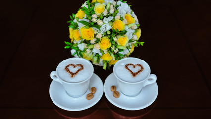 Wedding bouquet with a cup of coffee