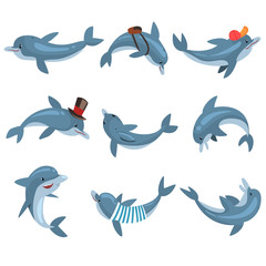 Cute Dolphins Set, Cartoon Sea Animal Characters In Different Pose Vector Illustration