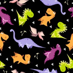 Seamless dinosaur pattern. Animal black background with colorful dino. Vector illustration.