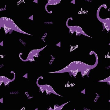 Seamless Dinosaur Pattern. Animal Black Background With Purple Dino. Vector Illustration.