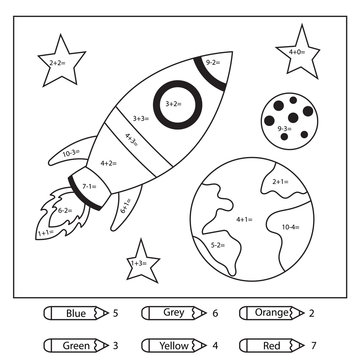 Educational coloring page for kids. Paint color by subtraction and addition numbers. Cartoon rocket, earth and moon. Space theme. Vector illustration.