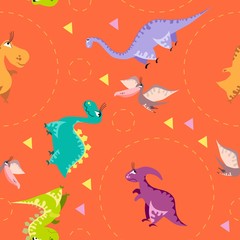 Obraz premium Seamless dinosaur pattern. Animal orange background with dino. Vector illustration.