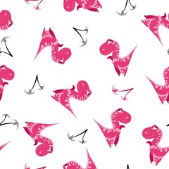 Seamless dinosaur pattern. Animal white background with pink dino. Vector illustration.