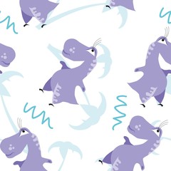 Fototapeta premium Seamless dinosaur pattern. Animal white background with violet dino. Vector illustration.