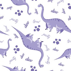 Seamless dinosaur pattern. Animal white background with purple dino. Vector illustration.
