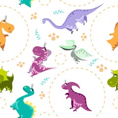 Seamless dinosaur pattern. Animal white background with colorful dino. Vector illustration.