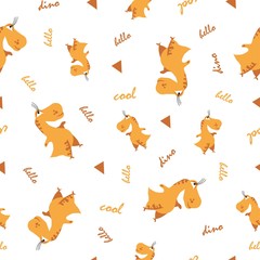 Seamless dinosaur pattern. Animal white background with orange dino. Vector illustration.