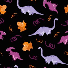 Seamless dinosaur pattern. Animal black background with colorful dino. Vector illustration.