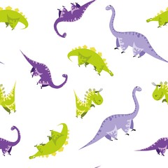 Seamless dinosaur pattern. Animal white background with colorful dino. Vector illustration.