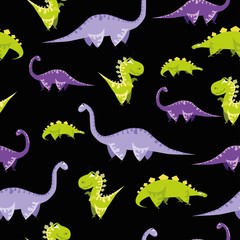 Seamless dinosaur pattern. Animal black background with colorful dino. Vector illustration.
