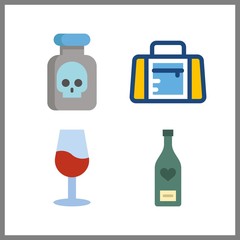 4 bottle icon. Vector illustration bottle set. wine glass and sport bag icons for bottle works