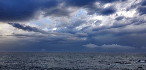 Fototapeta na wymiar Panoramic ocean storm dark skies background