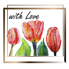 Spring card with tulip flowers on sparkle yellow frame background.