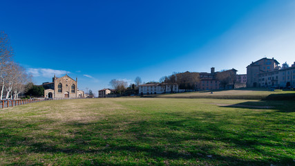 Fara square. Bergamo upper city. With the deconsecrated church of Sant'Agostino