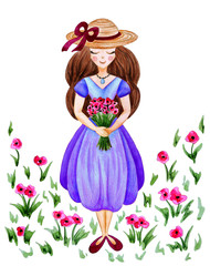 Obraz na płótnie Canvas Illustration of watercolor hand drawn cute girl with Spring flowers on white floral background. Romantic woman with hat and bouquet. Summer, vintage blue dress, cartoon.