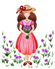Fototapeta premium Illustration of watercolor hand drawn cute girl with Spring flowers on white floral background. Romantic woman with hat and bouquet. . Summer, vintage pink dress, cartoon.