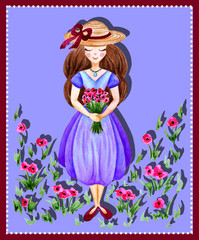 Illustration of watercolor hand drawn cute girl with Spring flowers. Romantic woman with hat and bouquet. Floral blue background. Summer, vintage blue dress, cartoon .