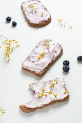 Bread with cheese cream and blueberries on white background