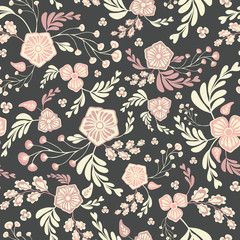 Vector mixed floral and leaves seamless repeat pattern background.