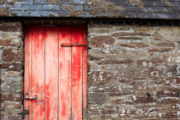The distressed red wooden door of an old barn in the countryside