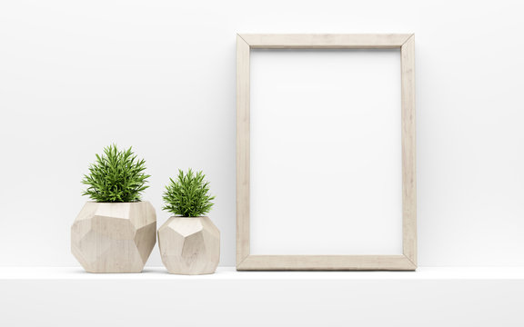 wooden picture frame mock up and green potted plants on white shelf. 3d illustration
