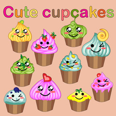 Set of cute sweet icons in kawaii style with smiling face and pink cheeks for sweet design. Ice cream, candy, cake, cupcake.