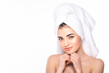 Fototapeta premium Beautiful young woman after bath on white background