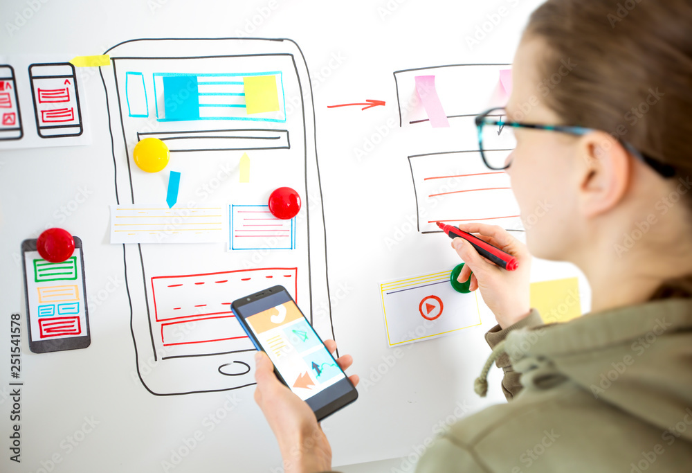 Poster ux graphic designer develops web ui applications for mobile phones. user experience.