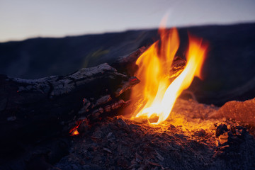 dry firewood and branches burn in a hot bonfire in nature in bright yellow and orange