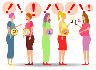 A group of pregnant women looking for answers in smartphones. question answer online doctor