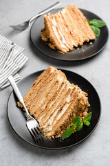 Layer cake Medovik or Honey Cake on black plate, selective focus. Slice of delicious cake