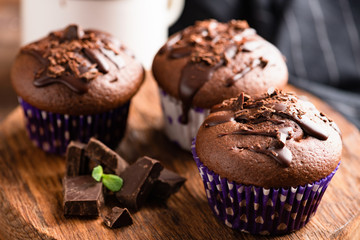 Tasty chocolate muffins decorated with chocolate sauce. Closeup view. Sweet mini cakes